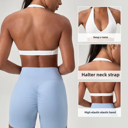 Women's Strappy Halter Sports Bra | Open Back Seamless Padded Yoga Crop Top